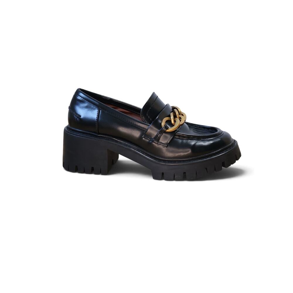 Zara Platform Penny Loafers Black Chunky Academia Vegan Leather Gold Chain 36